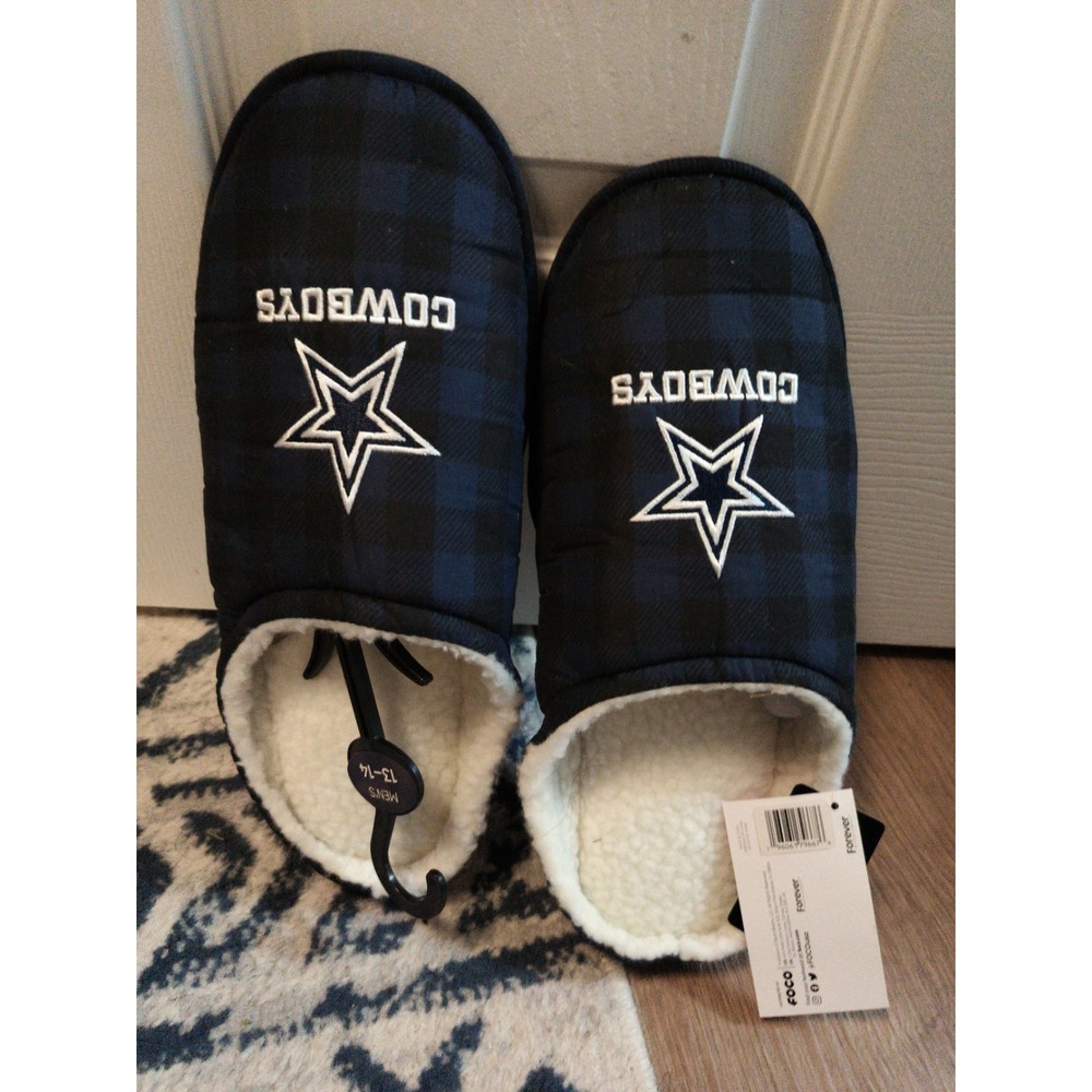 DALLAS COWBOYS SLIPPER SLIDES MEN'S FOREVER COLLECTIBLES BLUE Plaid  Sz 13-14